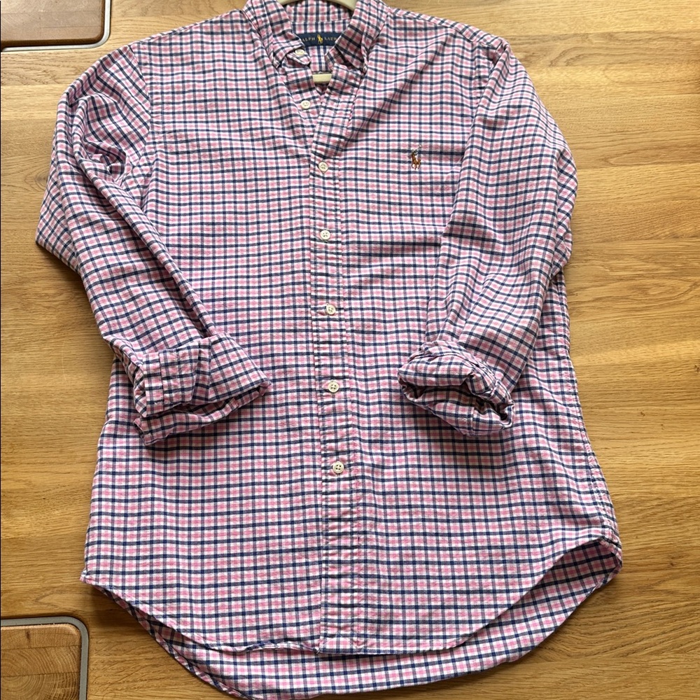 RALPH LAUREN Men's Shirt Small Plaid Pink Blue Cotton Button Down Long Sleeve